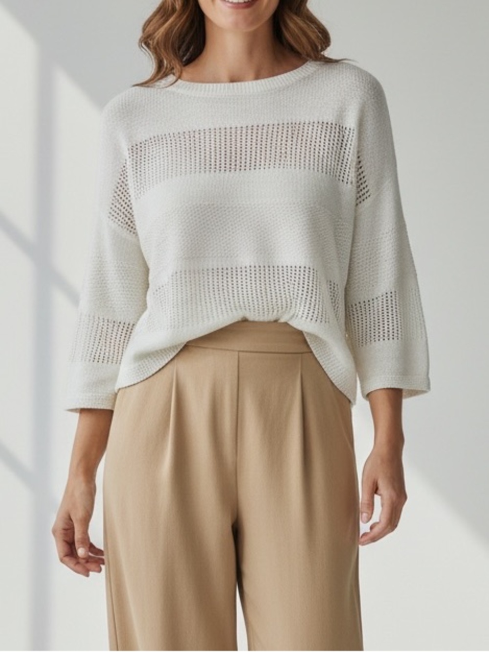 Andrea Jovine Open Knit Striped Sweater Cream Off White L